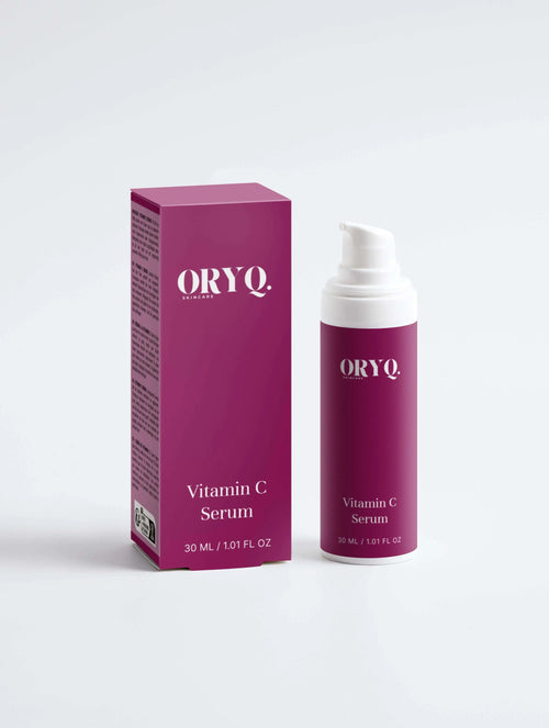 2% Vitamin C Brightening Serum from Oryq Skin Care in a sleek bottle with packaging.