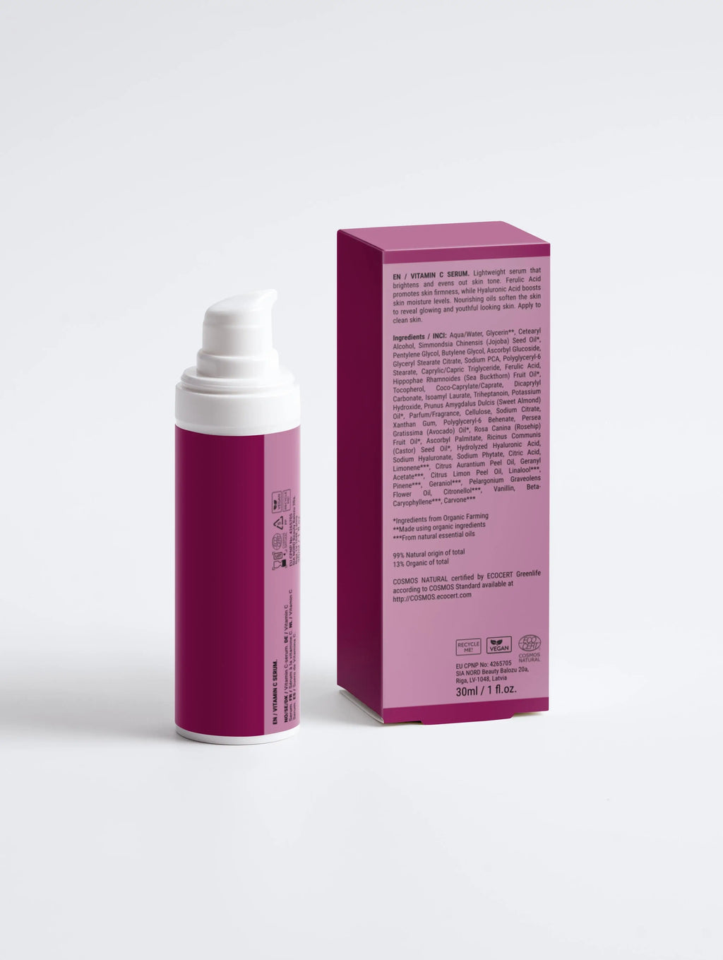 2% Vitamin C Brightening Serum in a sleek pump bottle with informational packaging.