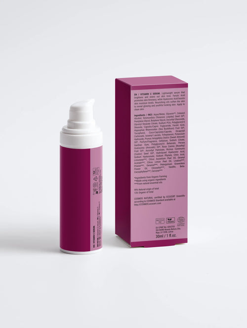 2% Vitamin C Brightening Serum in a sleek pump bottle with informational packaging.